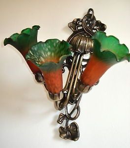 Vintage Art Nouveau Pair Lot Bronze Sconces Tulip Glass Shade Orange Green Lamp