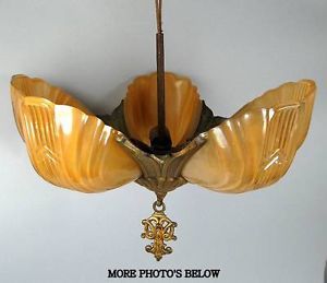 Art Deco Hanging 5 Slip Shade Light Fixture with Amber Iridescent Glass Shades
