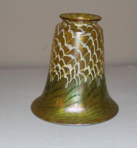 Quezal Art Glass Green Gold White Snake Skin Lamp Shade