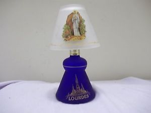 Vintage Lourdes Cobalt Blue Glass Candle Holder with Clear Frosted Glass Shade