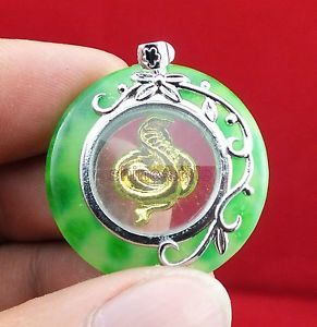 Vogue Clear Glass Tibet Silver Green Jade Gold Plate Snake Rotate Lucky Pendant