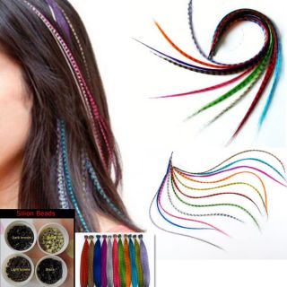 110x DIY Grizzly Feather Hair Extensions 110 Free Beads Women Girl Party Make Up