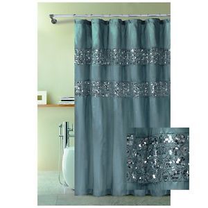 Blue Fabric Shower Curtain with Stitched Sequins 72" x 72" with Metal Grommets