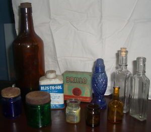 Old Vintage Medicine Collection 15 Fifteen Bottles Amber Cobalt Blue Glass