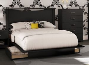 Black Queen Size Bed w Drawers Headboard No Boxspring Req Wood Platform Frame