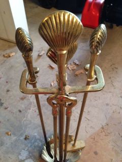 Brass Fireplace Tools 4 PC Set w Stand Very Heavy Brass Construction Look