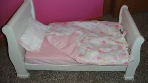 RARE Pottery Barn Kids White Sleigh Doll Bed and Bedding