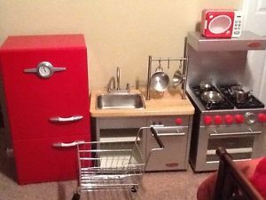 Pottery Barn Kids 3pc Kitchen Set Refrigerator Sink with Dishwasher Stove Cart