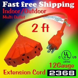 12 Gauge 2 ft Indoor Outdoor Multi Outlet Extension Cord Orange Color
