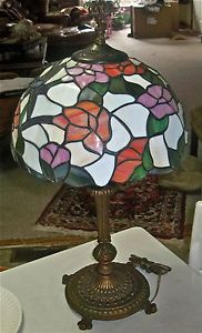 Antique Vintage Metal Lamp Base with Stain Glass Lamp Shade