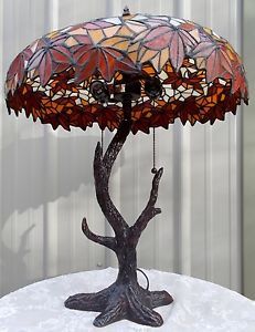 Tiffany Style Stained Glass Rustic Tree Lamp Fall Leaf Shade Tree Trunk Base