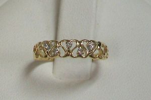 14k Yellow Gold Alternating Open Heart Band Ring with Five Prong Set Diamonds