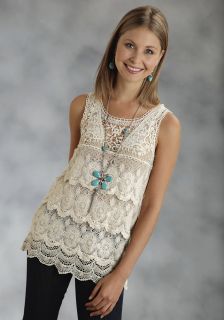 Roper Womens Shirt Western Sleeveless Cotton Crochet Lace Tank White 2533