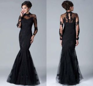 Long Sleeve Black Applique Mermaid Prom Dress Party Gown Formal Evening Dresses