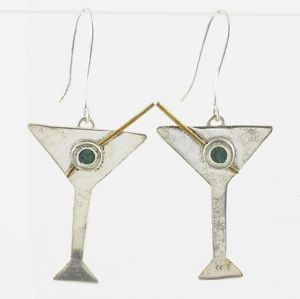 Vintage Anne Harvey Taxco 925 Sterling Silver Martini Olive Glass Earrings