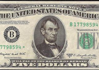 1950 C $5 Dollar Bill Star Currency Federal Reserve Note Fr 1964 B Uncirculated