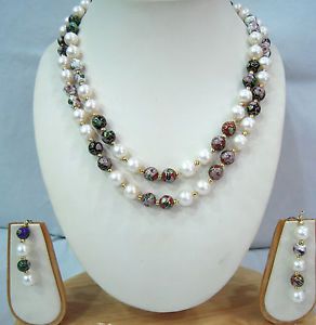 Certified Natural 8mm White Pearls MEENAKARI Balls 2line Necklace Mala Ear Rings