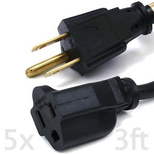5X 3 ft Power Extension Cord 16AWG Gauge Black Electrical Cable 3 Prong New