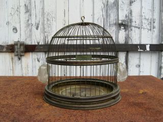 Antique Vtg Hendryx Brass Metal Hanging Bird Cage and Glass Feeders