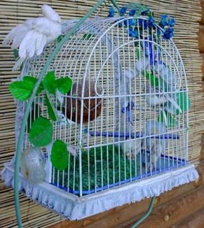 Antique Vintage Art Deco Crown Canary Parakeet Bird Cage w Glass Feeder Brass