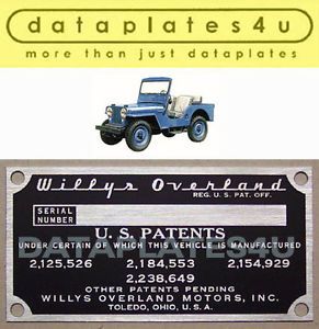 Jeep Willys CJ 3A Serial Number Data Plate Patents Plate Style 3 CJ3A
