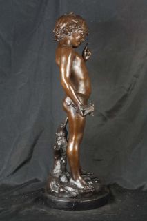 French Bronze Boy Bird Statue Moreau Casting Figurine Cherub