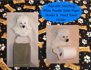 New 2pc White Poodle Dog Bathroom Wall Hanging Hand Towel Toilet Paper Holder