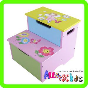 Quality Hand Painted Bright Color Toddler Step Stool Storage Box Kids Furniture