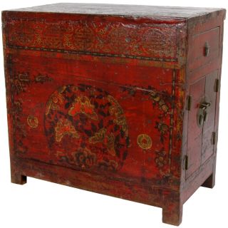 Oriental Furniture Antique Chinese Hand Painted Red Lacquer End Table