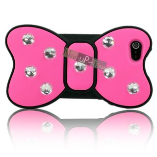 Bling Reshinestone Hot Pink 3D Cute Bowknot Silicone Case Cover for iPhone 5 5g