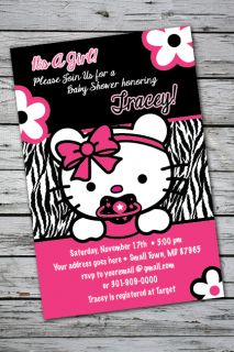 Teddy Zebra Print Printable Baby Shower Party Invitation GIRL1ST Birthday Kitty