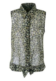 Ladies Sleeveless Sheer All Over Animal Leopard Print Stud Chiffon Blouses Tops