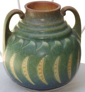 Antique Art Deco Roseville Pottery Falline Green Handled Vase