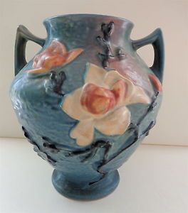 Antique Original 1940 Art Deco Large Roseville Pottery Vase Blue Magnolia 92 8"