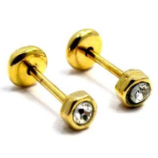 Gold 18K GF Earrings Baby Girl Toddler CZ White Crystal 2mm Safety Stud Security