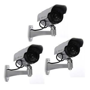 3X Silver Dummy Fake CCTV Security Camera Outdoor w Solar Powered Flashing Light