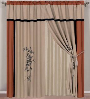 4pc Rust Taupe Embroidery Bamboo Window Curtain Set Panel Valance Sheer Backing