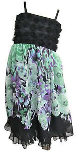 Girls New Green Black Floral Dress Chiffon Dress Long Flowing Ages 7Y 13years