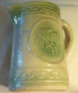 Antique Salt Glaze Stoneware Buttermilk Pitcher Green Cream w Cows