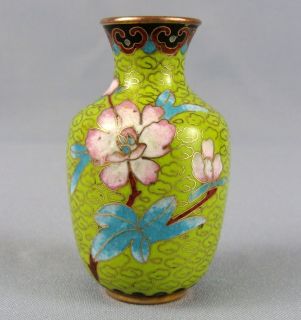 Antique Pre War Chinese Green Pink Floral Design Cloisonne Enamel Brass Bud Vase