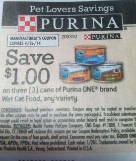 25 $1 00 Off Any 3 Purina One Wet Cat Food Exp 4 26 14 P6