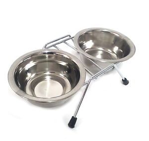 Stainless Steel Double Diner Dog Cat Pet Food Water Bowl with Stand Size 16oz
