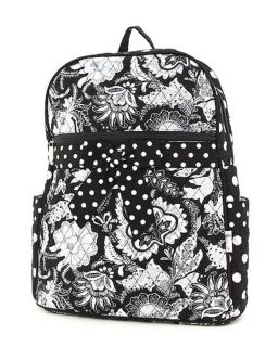 Belvah Black White Quilted Floral Paisley Polka Dot Bow Medium Backpack Bag
