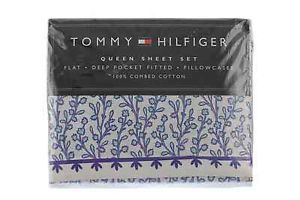 Tommy Hilfiger New Folklore Blue Cotton Floral Print 4pc Sheet Set Bedding Queen