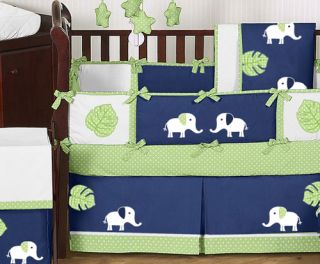 JoJo Design Modern Navy Blue Lime Green White Elephant Baby Bedding Boy Crib Set