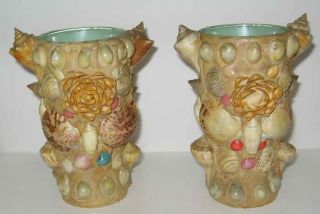 2 Vintage Sea Shell Art Flower Vases Charming Cottage Beach Decor