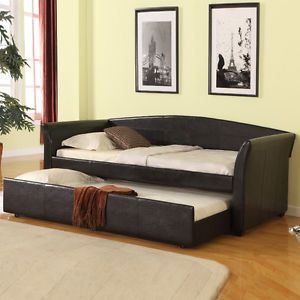 Brand New Contemporary Black Bycast Leather Twin Arm Day Bed Daybed w Trundle