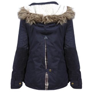 New Womens Navy Blue Button Up Parka Jacket Coat Fur Trim Hood Size 8 16