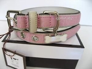 Coach Pink White Mini Signature Leather Dog Collar with Bone Charm M Medium