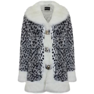 Ladies Womens Faux Fur Snow Leopard Print White Winter Fluffy Fuzzy Long Coat